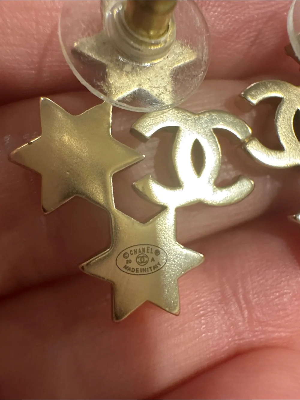 CHANEL Gold Crystal Star & CC Drop Earrings